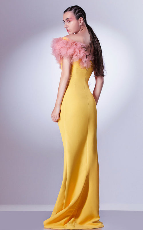 Gaby Charbachi G1301 Yellow One-Shoulder Ruffled Gown by MNM Couture