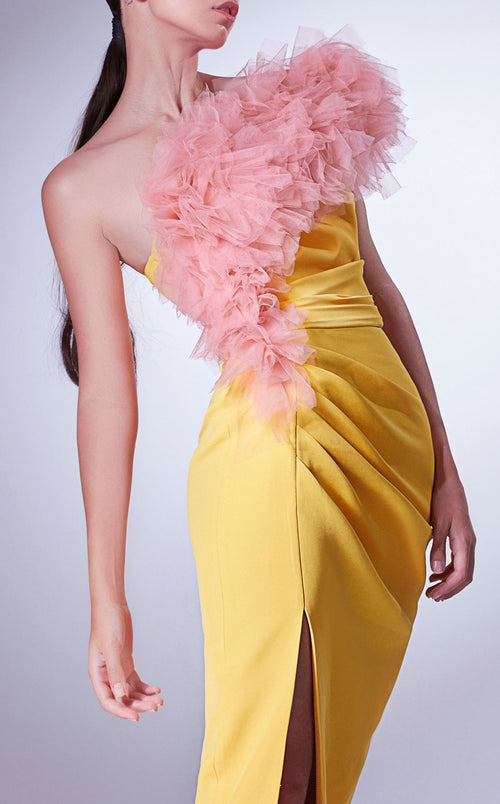 Gaby Charbachi G1301 Yellow One-Shoulder Ruffled Gown by MNM Couture