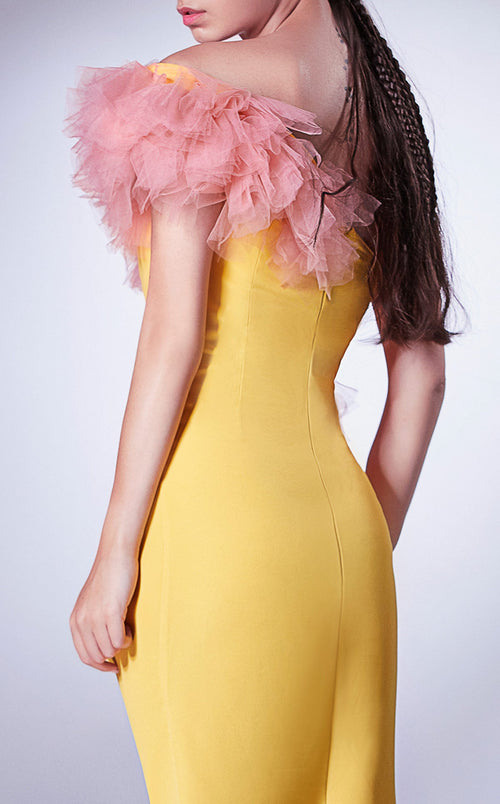 Gaby Charbachi G1301 Yellow One-Shoulder Ruffled Gown by MNM Couture