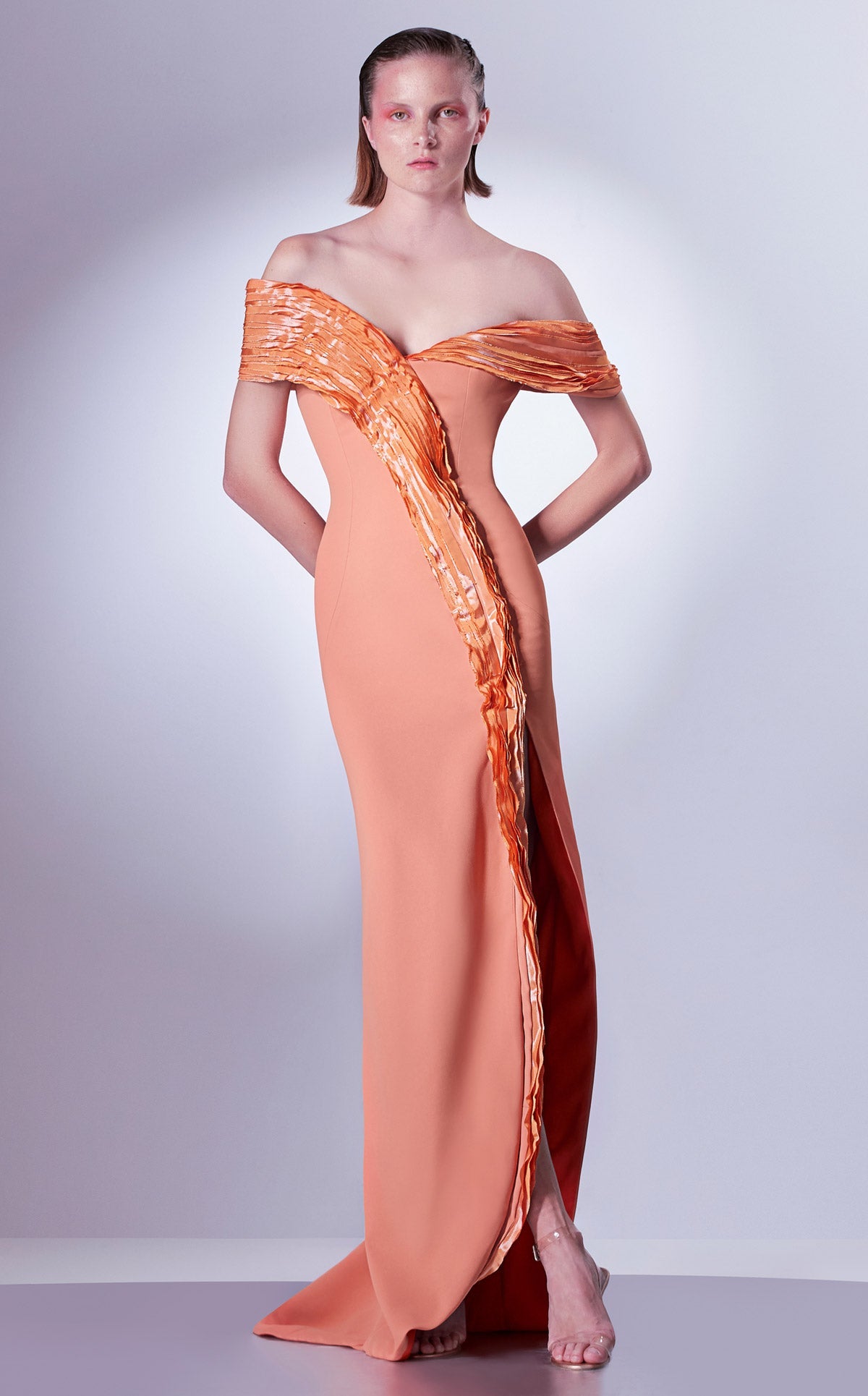 Gaby Charbachi Orange Off-Shoulder Ruffled Gown by MNM Couture