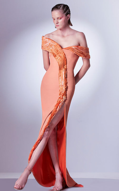 Gaby Charbachi Orange Off-Shoulder Ruffled Gown by MNM Couture