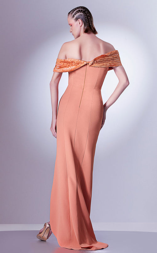 Gaby Charbachi Orange Off-Shoulder Ruffled Gown by MNM Couture