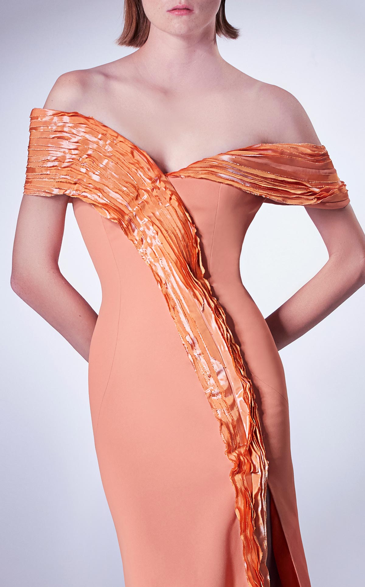 Gaby Charbachi Orange Off-Shoulder Ruffled Gown by MNM Couture