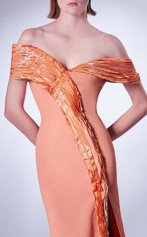 Gaby Charbachi Orange Off-Shoulder Ruffled Gown by MNM Couture