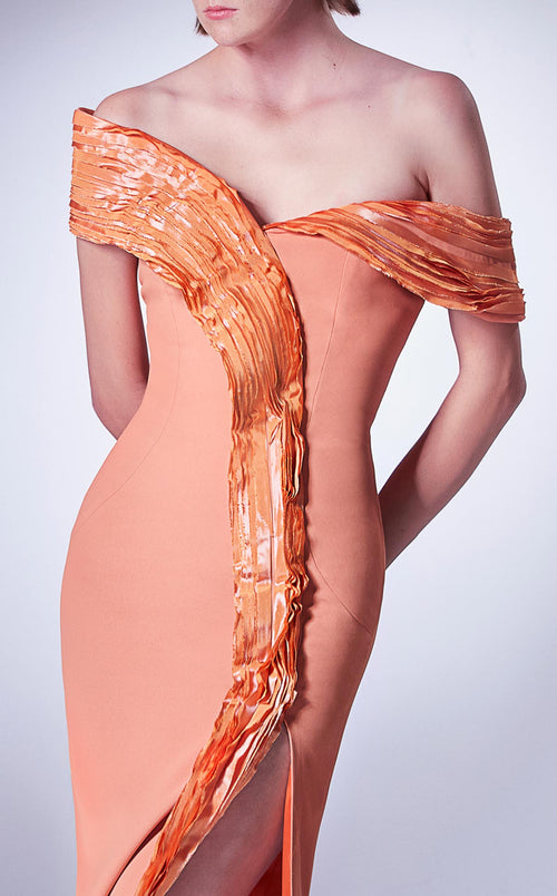 Gaby Charbachi Orange Off-Shoulder Ruffled Gown by MNM Couture