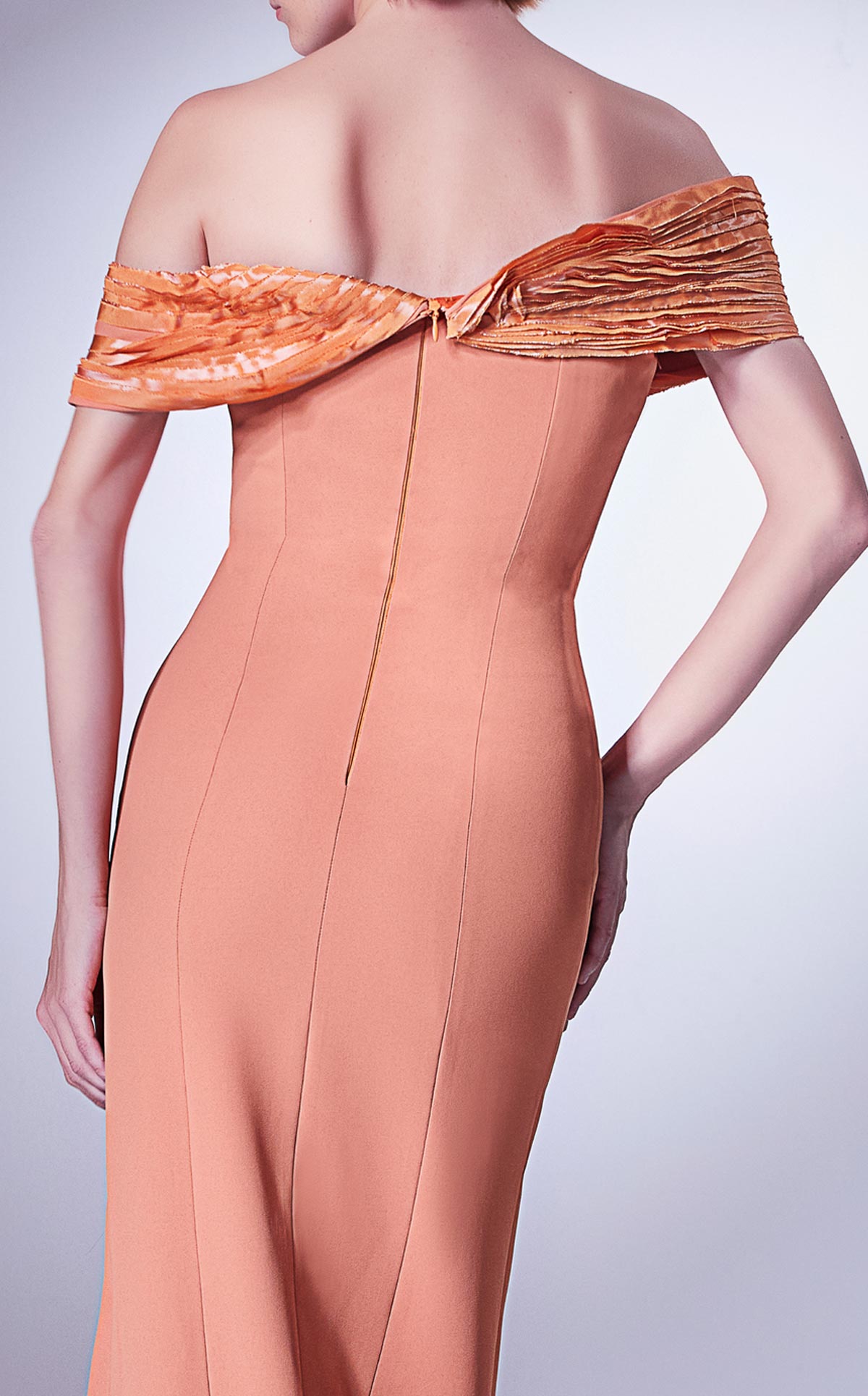 Gaby Charbachi Orange Off-Shoulder Ruffled Gown by MNM Couture