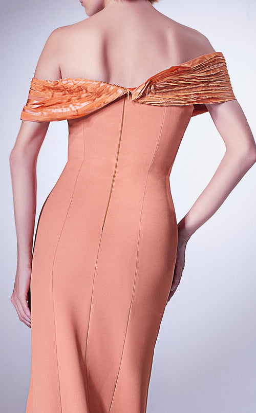 Gaby Charbachi Orange Off-Shoulder Ruffled Gown by MNM Couture
