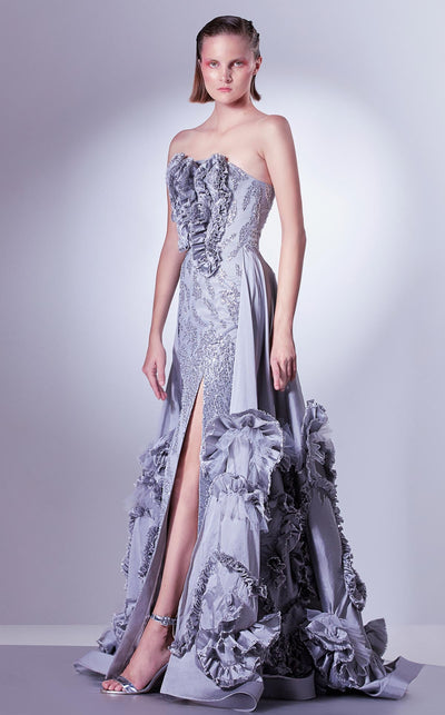 Gaby Charbachi G1330 Silver Strapless Sequined Gown with Overskirt by MNM Couture