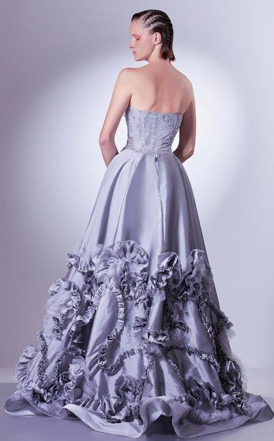 Gaby Charbachi G1330 Silver Strapless Sequined Gown with Overskirt by MNM Couture