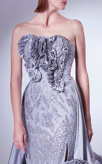 Gaby Charbachi G1330 Silver Strapless Sequined Gown with Overskirt by MNM Couture