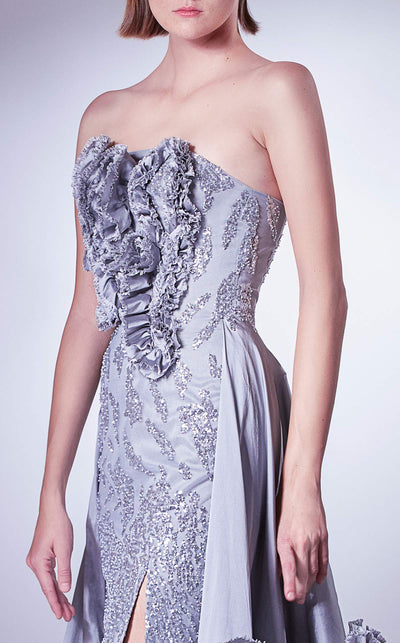 Gaby Charbachi G1330 Silver Strapless Sequined Gown with Overskirt by MNM Couture