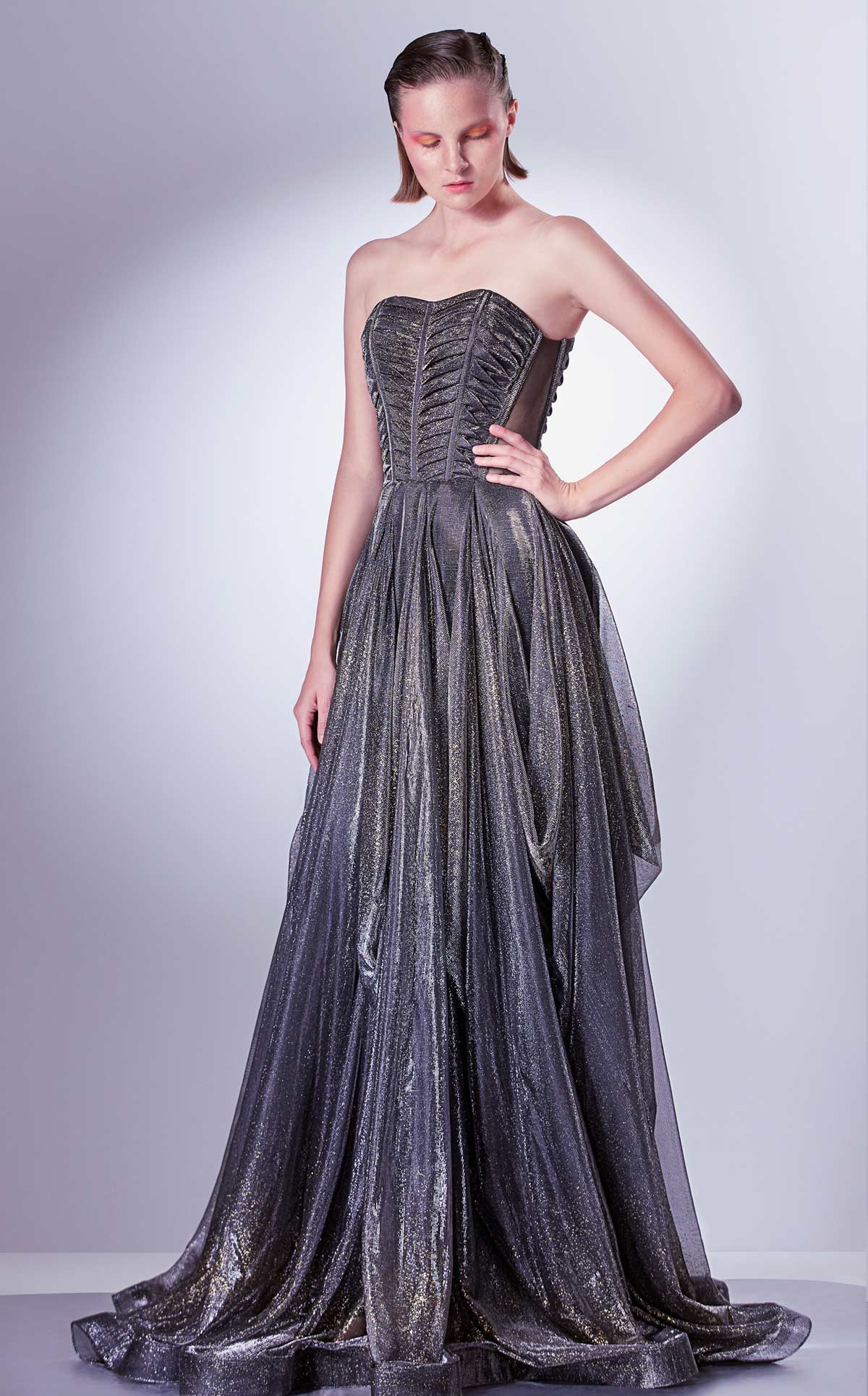 Gaby Charbachi G1331 Strapless Pleated Corset Gown in Grey