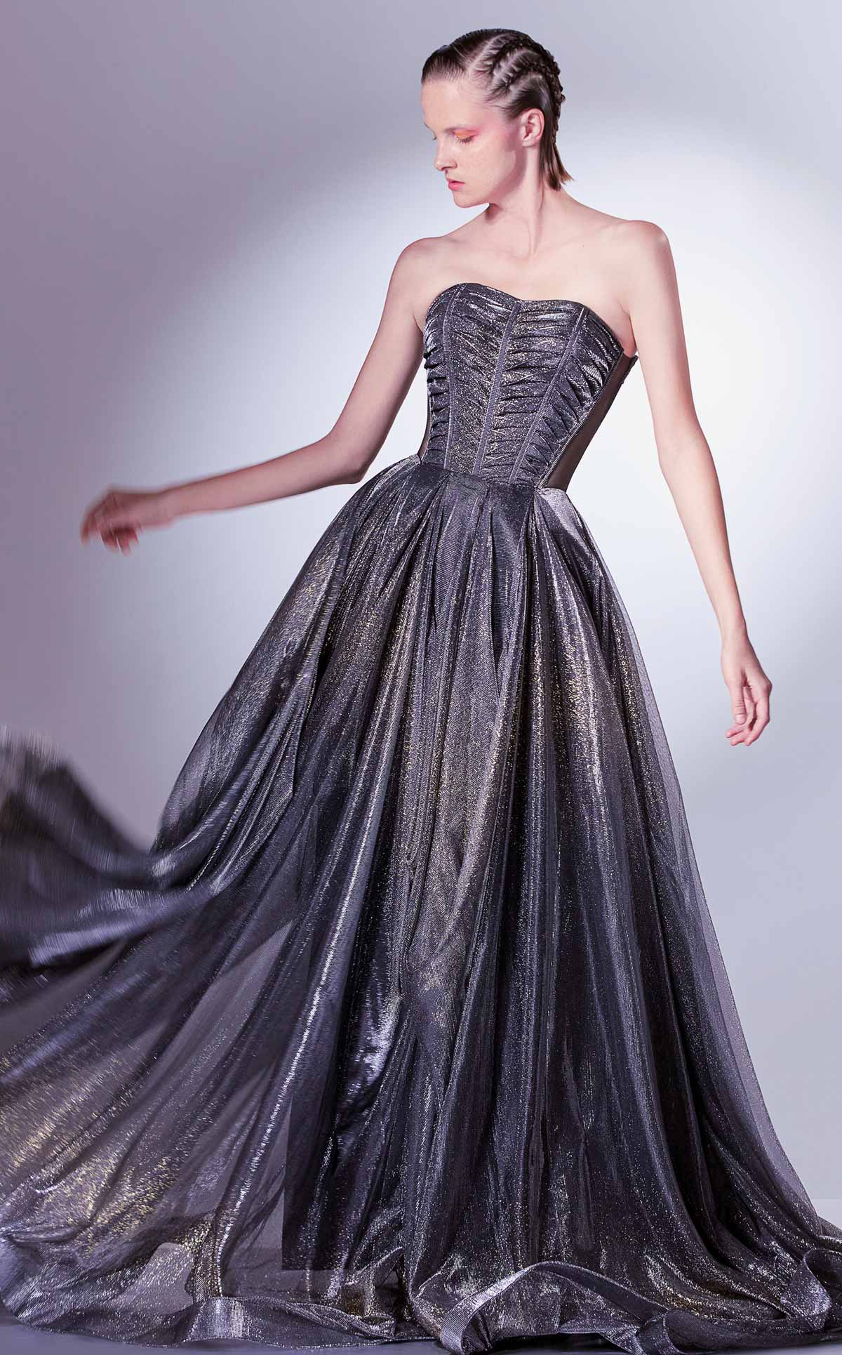 Gaby Charbachi G1331 Strapless Pleated Corset Gown in Grey