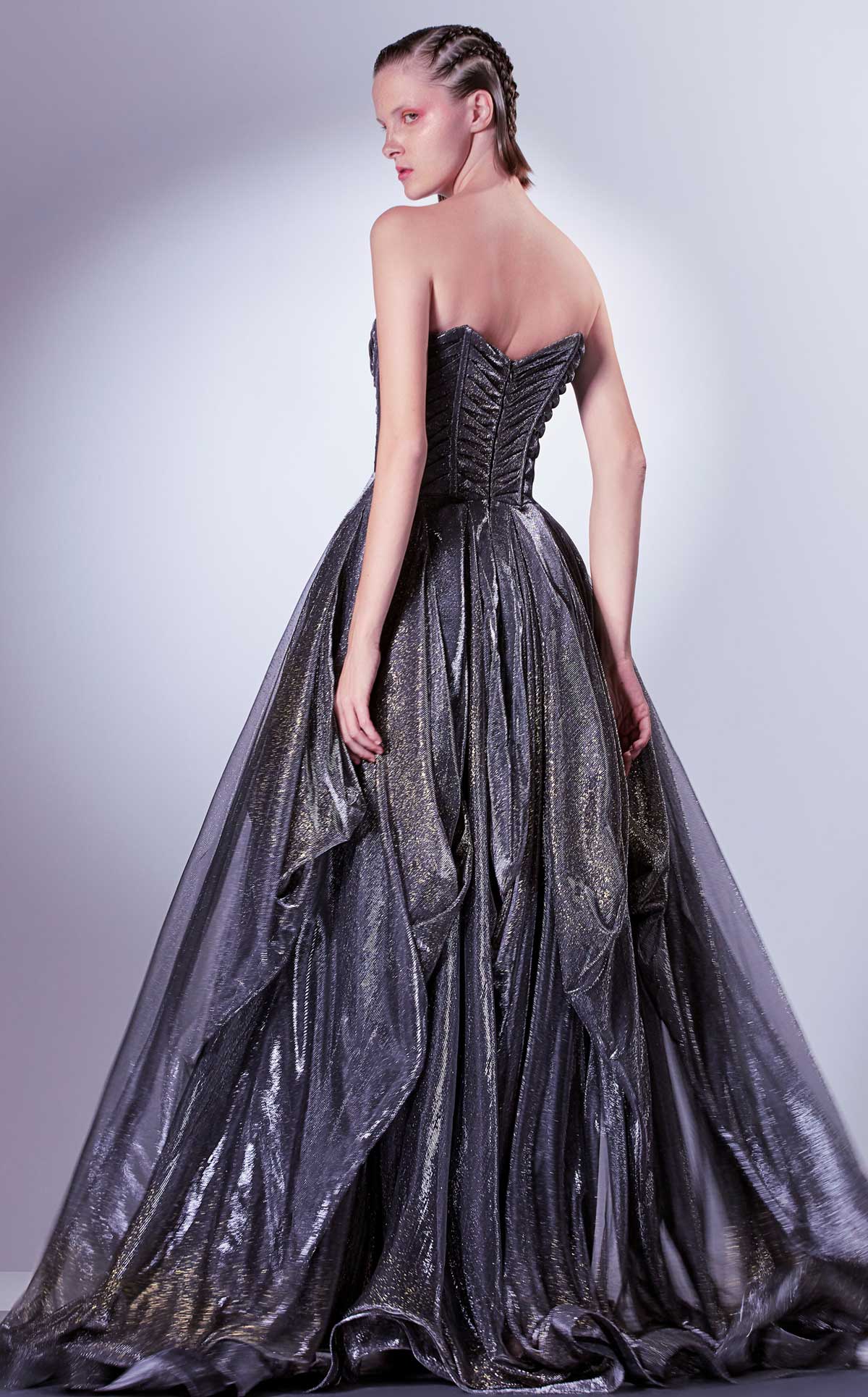 Gaby Charbachi G1331 Strapless Pleated Corset Gown in Grey