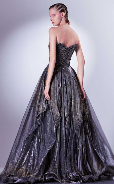 Gaby Charbachi G1331 Strapless Pleated Corset Gown in Grey