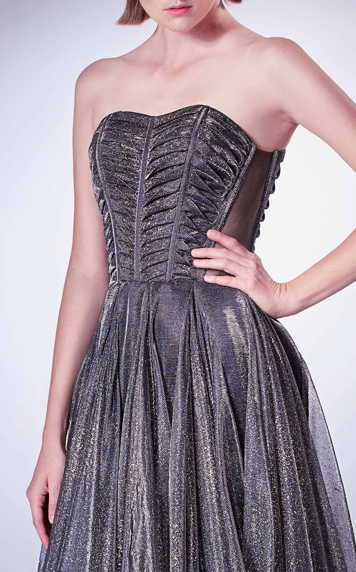 Gaby Charbachi G1331 Strapless Pleated Corset Gown in Grey