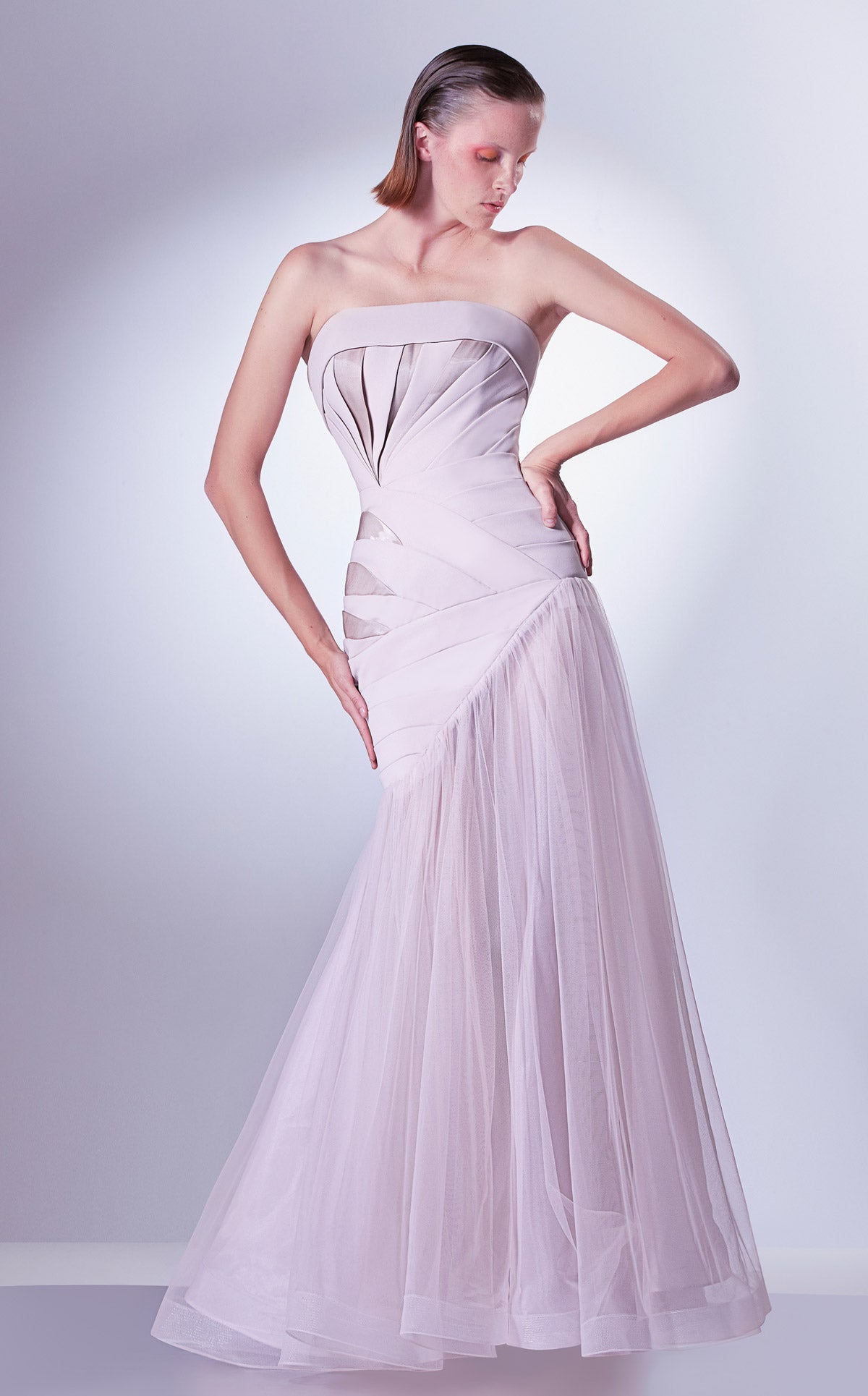 Gaby Charbachi G1343 Blush One-Shoulder Pleated Gown by MNM Couture