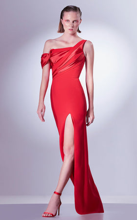 Gaby Charbachy G1344 Red One-Shoulder Pleated Slit Gown by MNM Couture