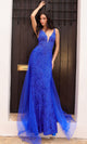 G1353 Long Lace Prom Dress with Open Back and Sweep Train