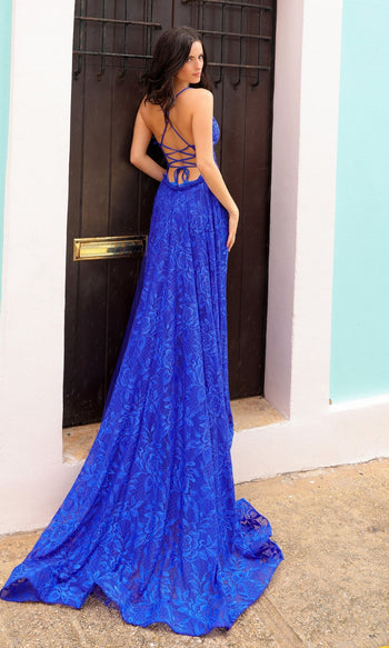 G1353 Long Lace Prom Dress with Open Back and Sweep Train