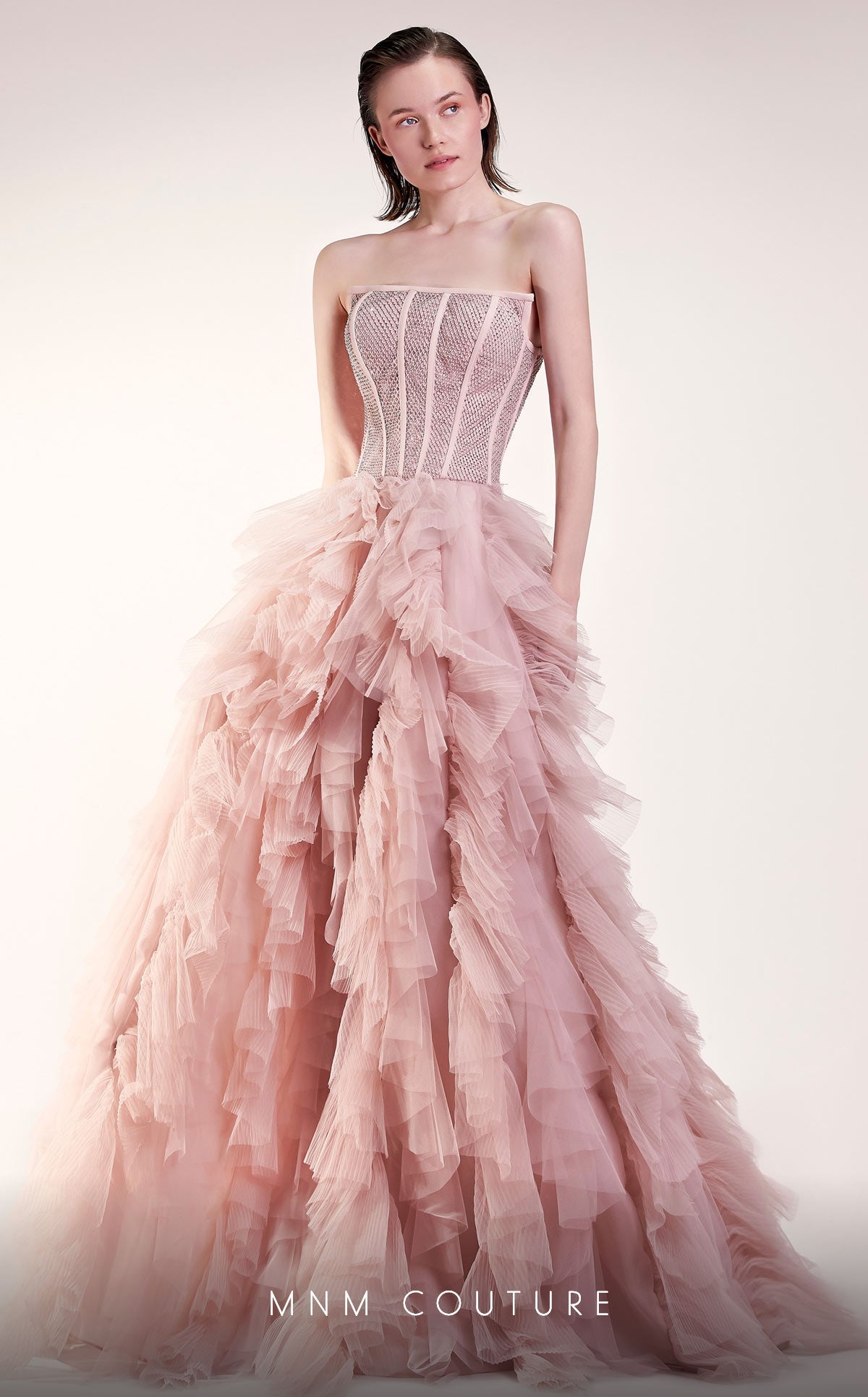 Gaby Charbachi Strapless Ruffled Tulle Corset Gown – Blush