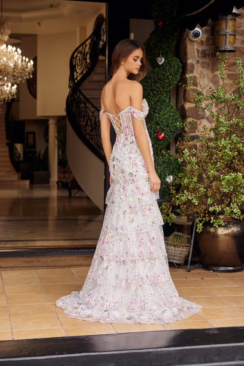 Nox Anabel G1916 Off the Shoulder Floral Applique Fitted Long Corset Evening Gown with Slit
