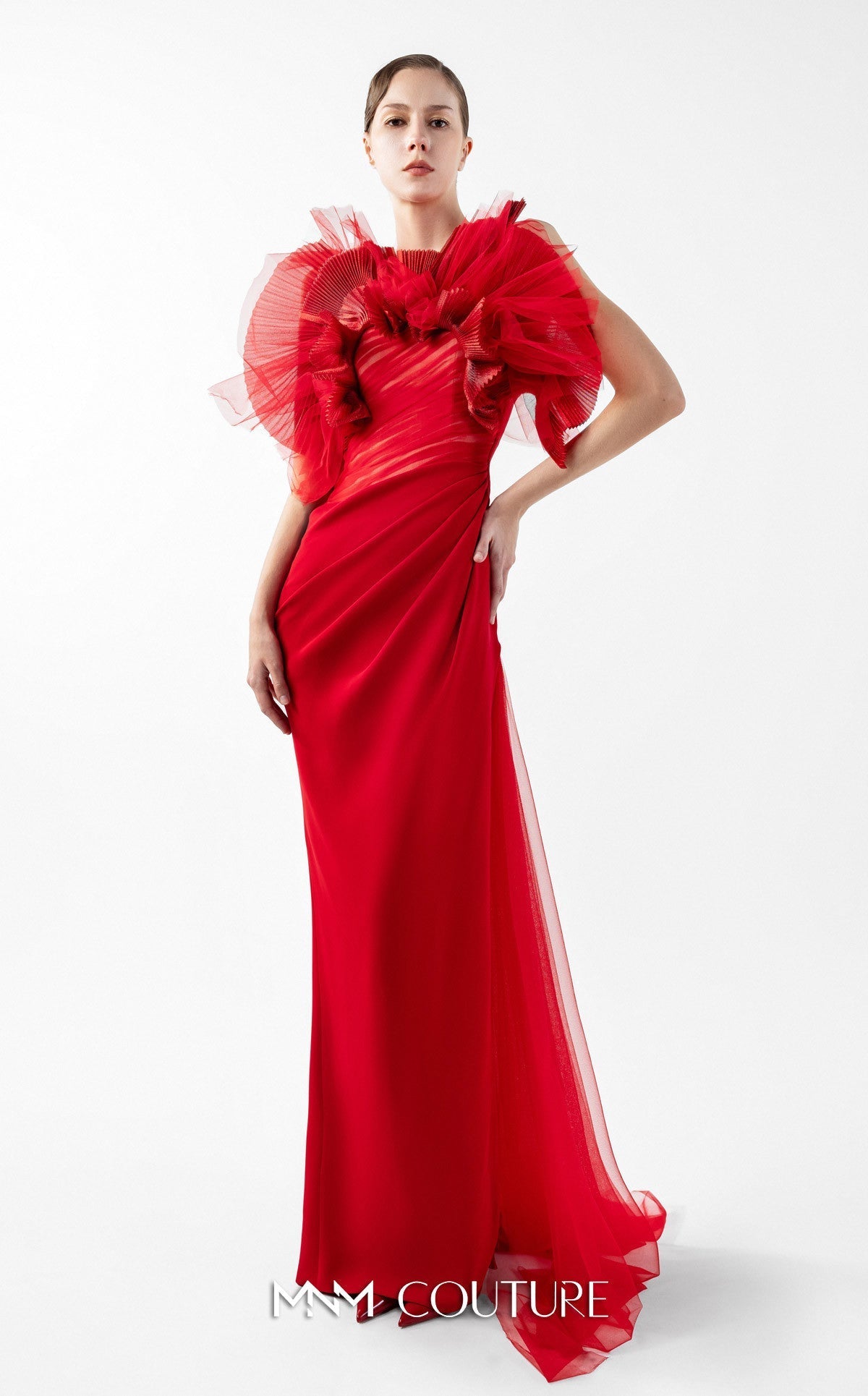 MNM Couture Gaby Charbachi G2001 Red Sleeveless Open Back Gown