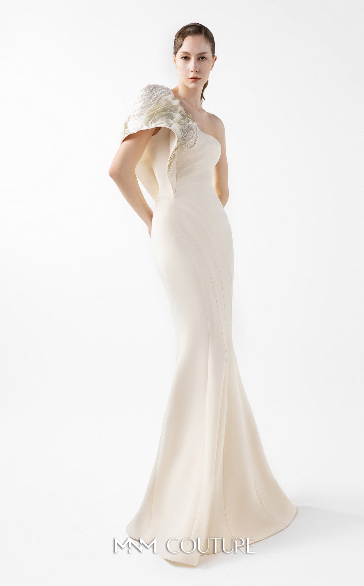 Gaby Charbachi G2003 One-Shoulder Cream Evening Gown by MNM Couture