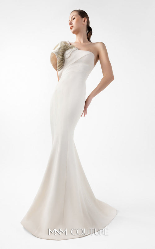 Gaby Charbachi G2003 One-Shoulder Cream Evening Gown by MNM Couture