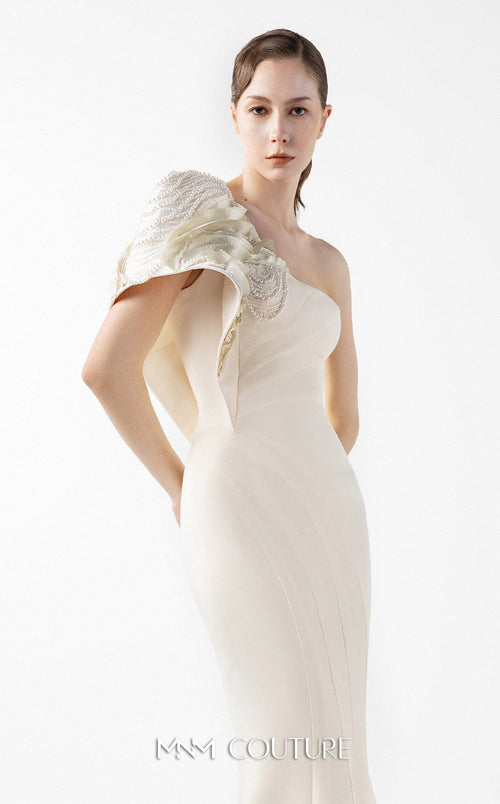 Gaby Charbachi G2003 One-Shoulder Cream Evening Gown by MNM Couture