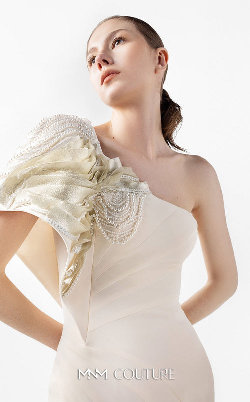 Gaby Charbachi G2003 One-Shoulder Cream Evening Gown by MNM Couture