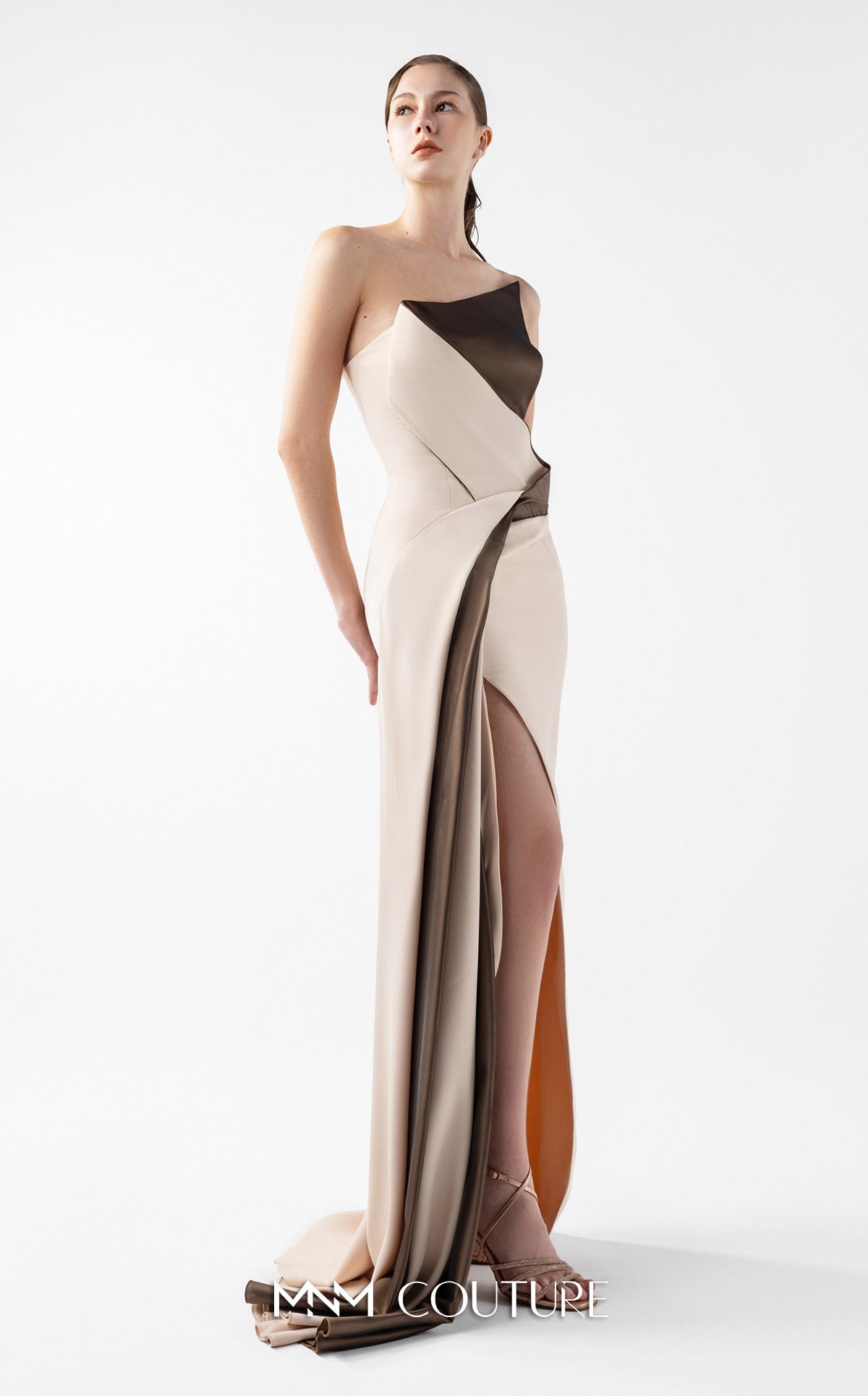 Gaby Charbachi G2011 Gold Off-Shoulder Gown with High Slit by MNM Couture
