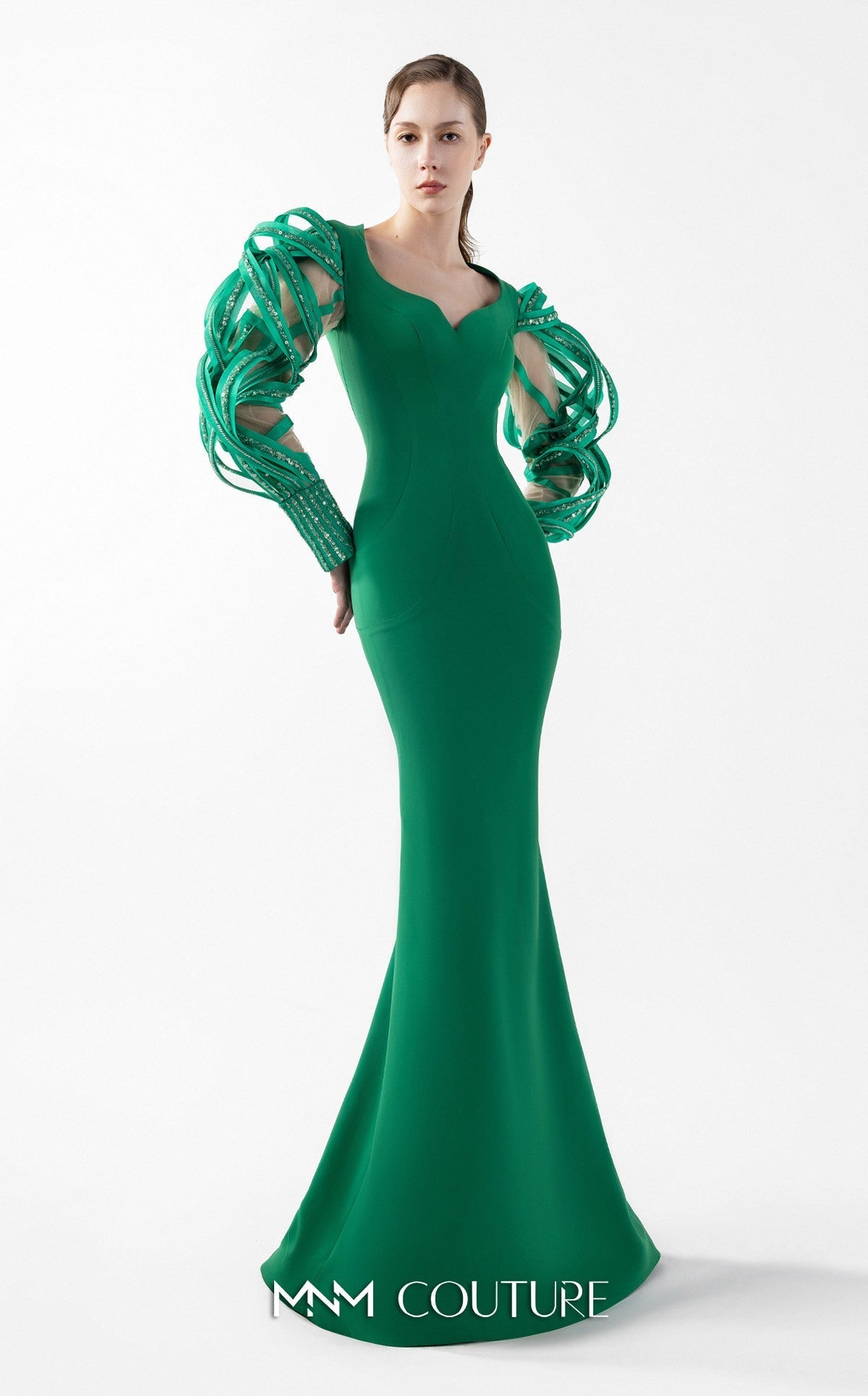 Gaby Charbachi G2017 Green V-Neck Sleeved Couture Gown by MNM Couture