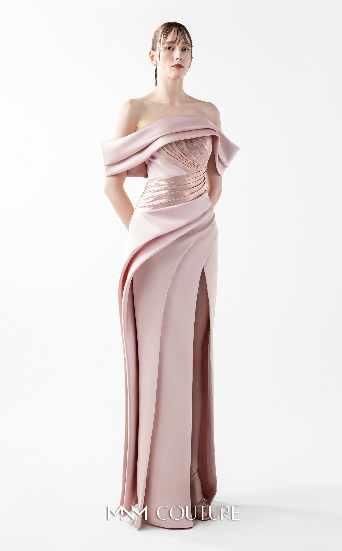 Gaby Charbachi G2020 Off-Shoulder Metallic Pleated Couture Gown in Powder