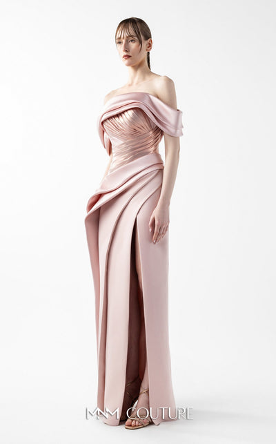 Gaby Charbachi G2020 Off-Shoulder Metallic Pleated Couture Gown in Powder