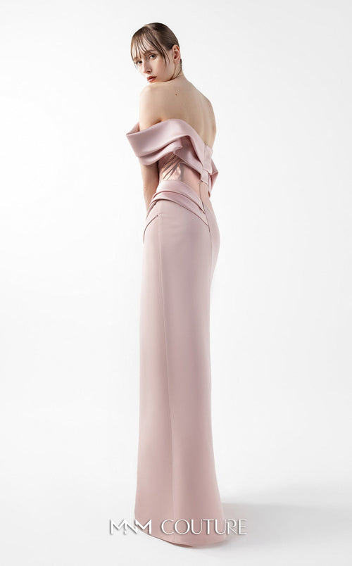 Gaby Charbachi G2020 Off-Shoulder Metallic Pleated Couture Gown in Powder