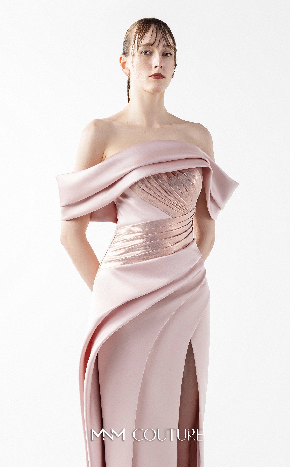 Gaby Charbachi G2020 Off-Shoulder Metallic Pleated Couture Gown in Powder