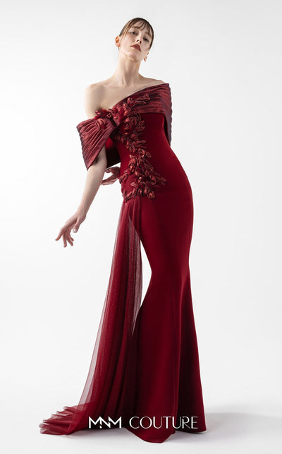 Gaby Charbachy G2022 One-Shoulder Burgundy Open Back Gown by MNM Couture