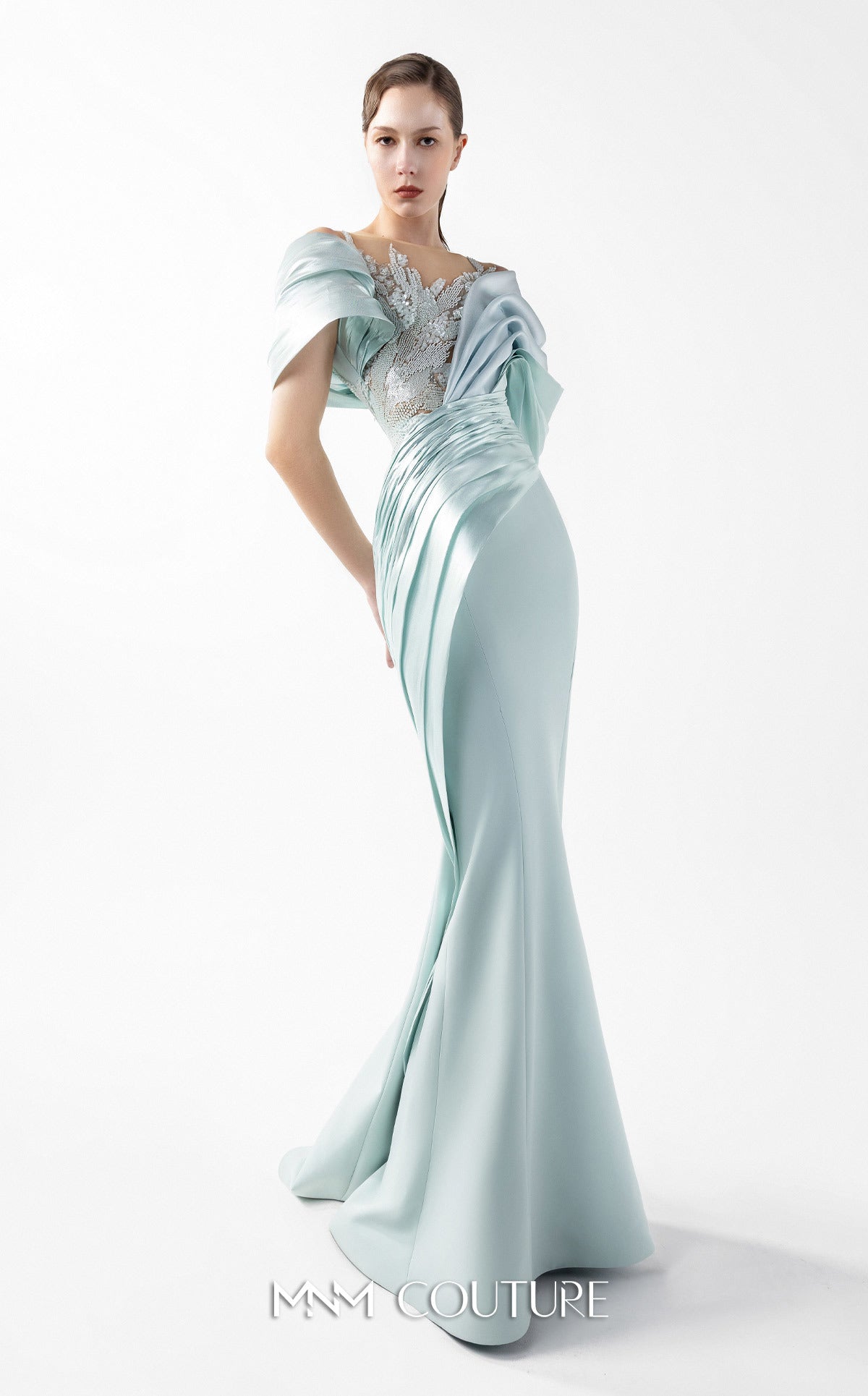 Gaby Charbachi G2024 Mint Sleeveless V-Back Couture Gown by MNM Couture