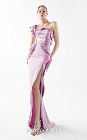 Gaby Charbachy G2025 Pink One-Shoulder Metallic Draped Gown by MNM Couture