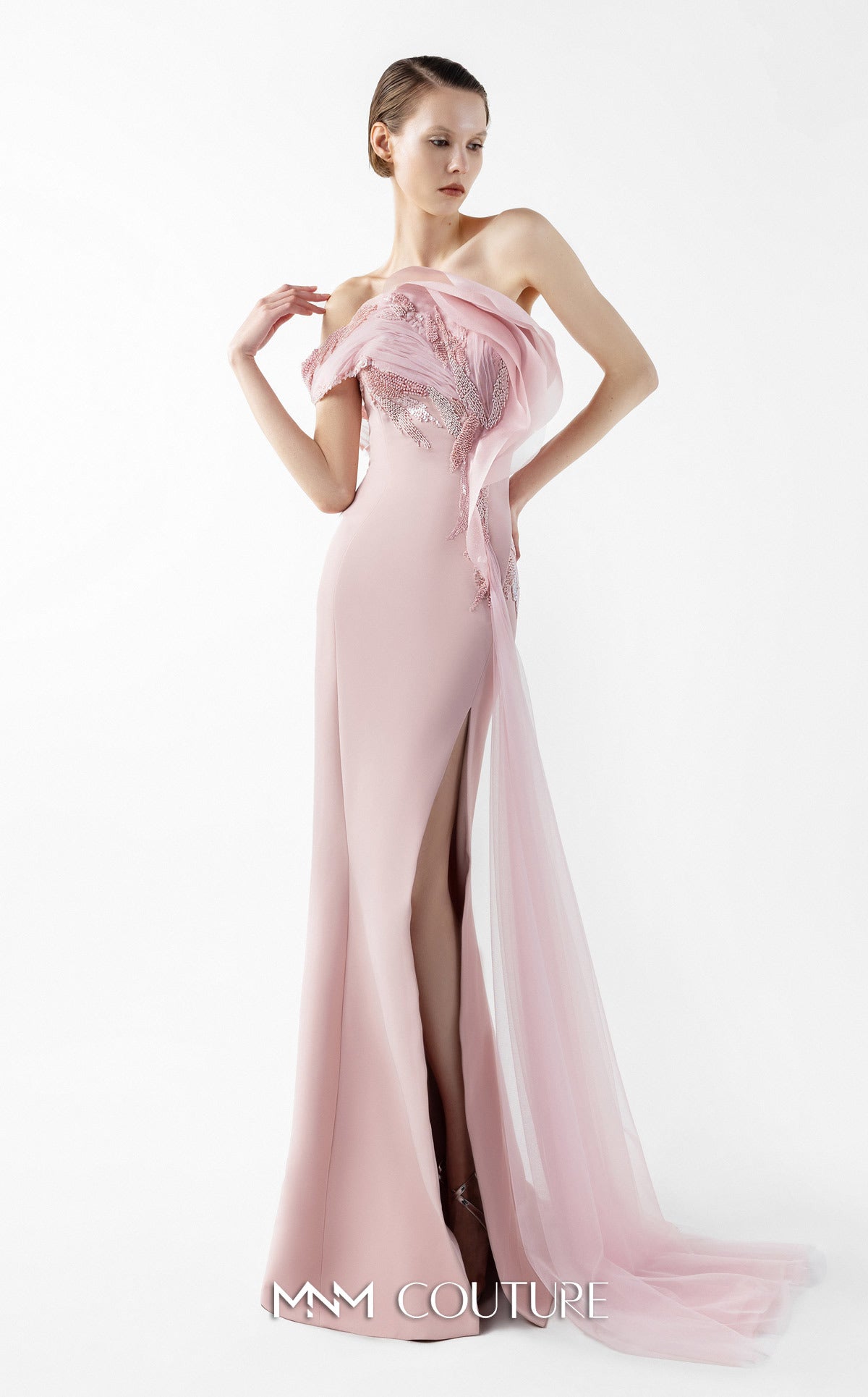 Gaby Charbachi G2031 Open Back High Slit Pink Couture Gown