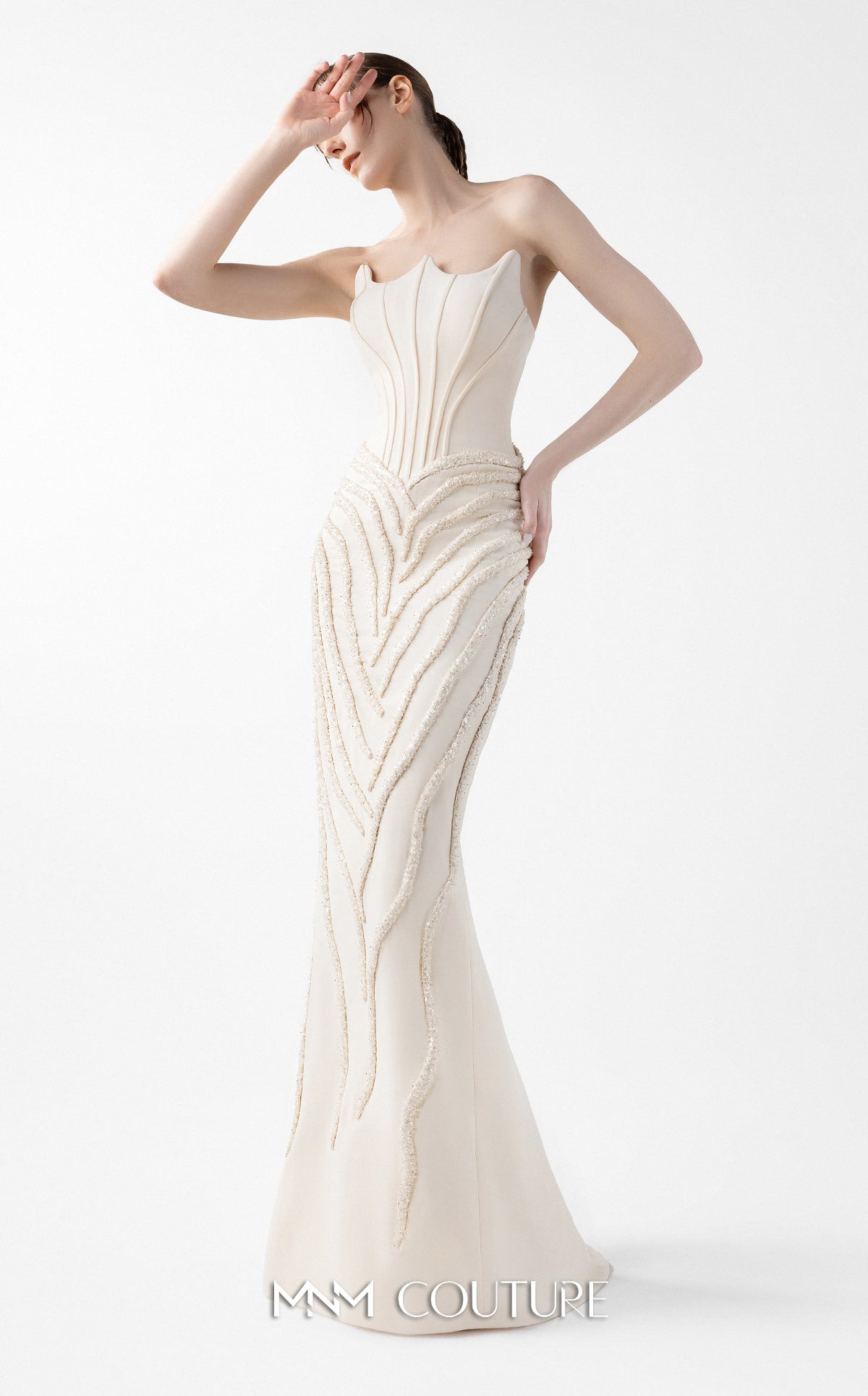 Gaby Charbachi G2032 Cream Mermaid Gown with Lace & Angular Neckline