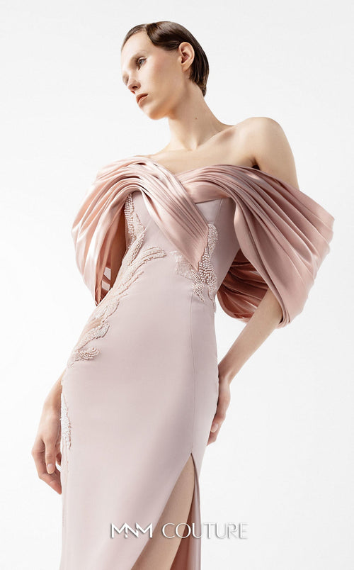 Gaby Charbachi Off-Shoulder Open Back High Slit Couture Gown by MNM Couture