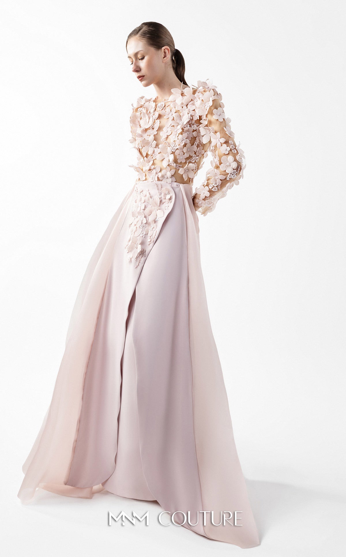 Gaby Charbachi G2035 Blush Pink 3D Floral Illusion Gown by MNM Couture