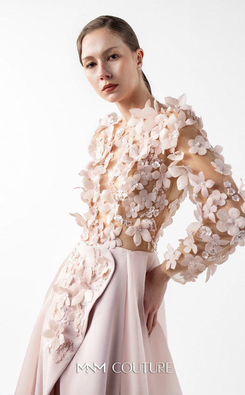 Gaby Charbachi G2035 Blush Pink 3D Floral Illusion Gown by MNM Couture