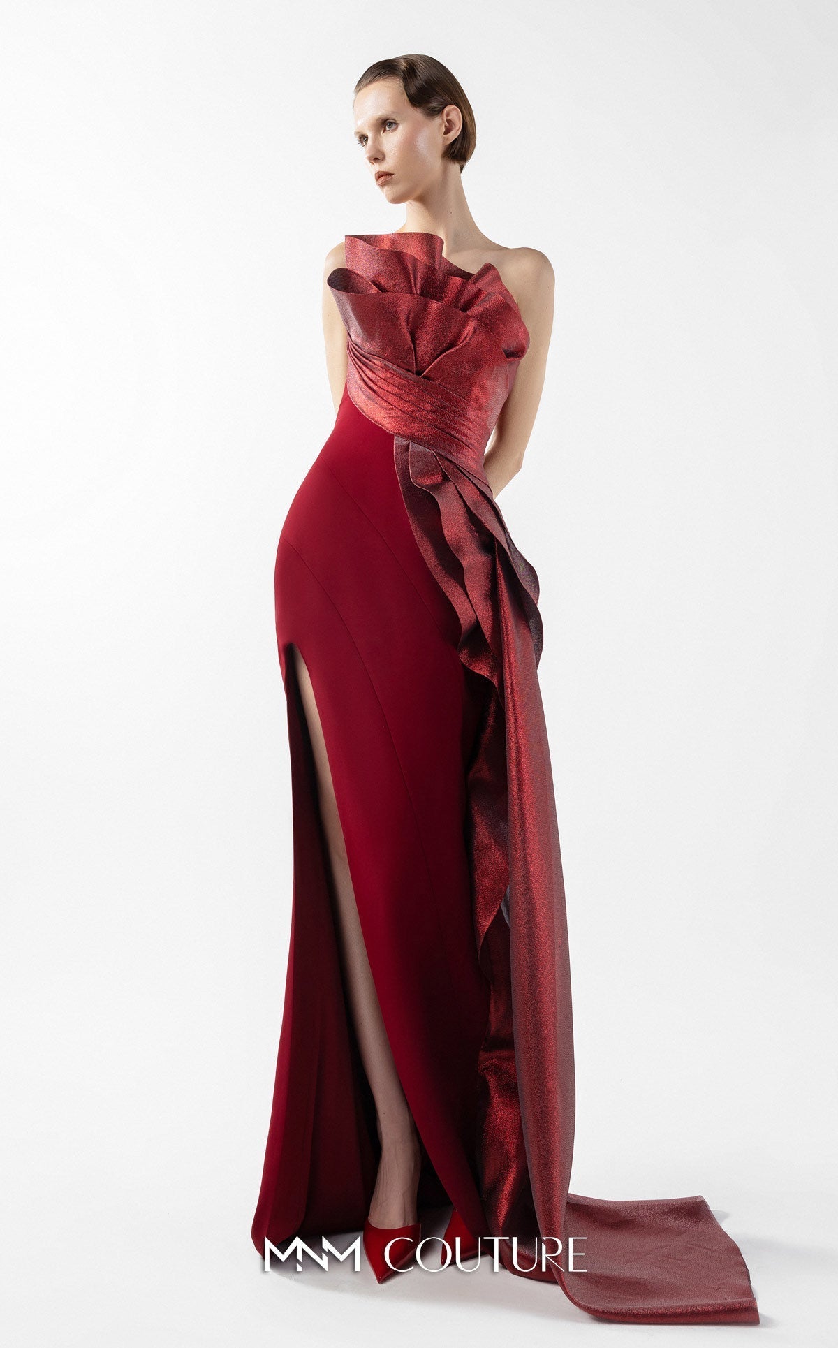 Gaby Charbachi G2037 Burgundy Off-Shoulder Slit Gown by MNM Couture