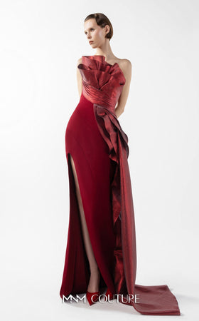 Gaby Charbachy G2037 Burgundy Off-Shoulder Slit Gown by MNM Couture