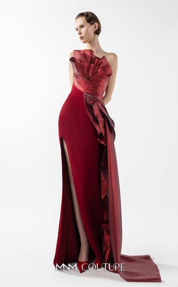 Gaby Charbachi G2037 Burgundy Off-Shoulder Slit Gown by MNM Couture
