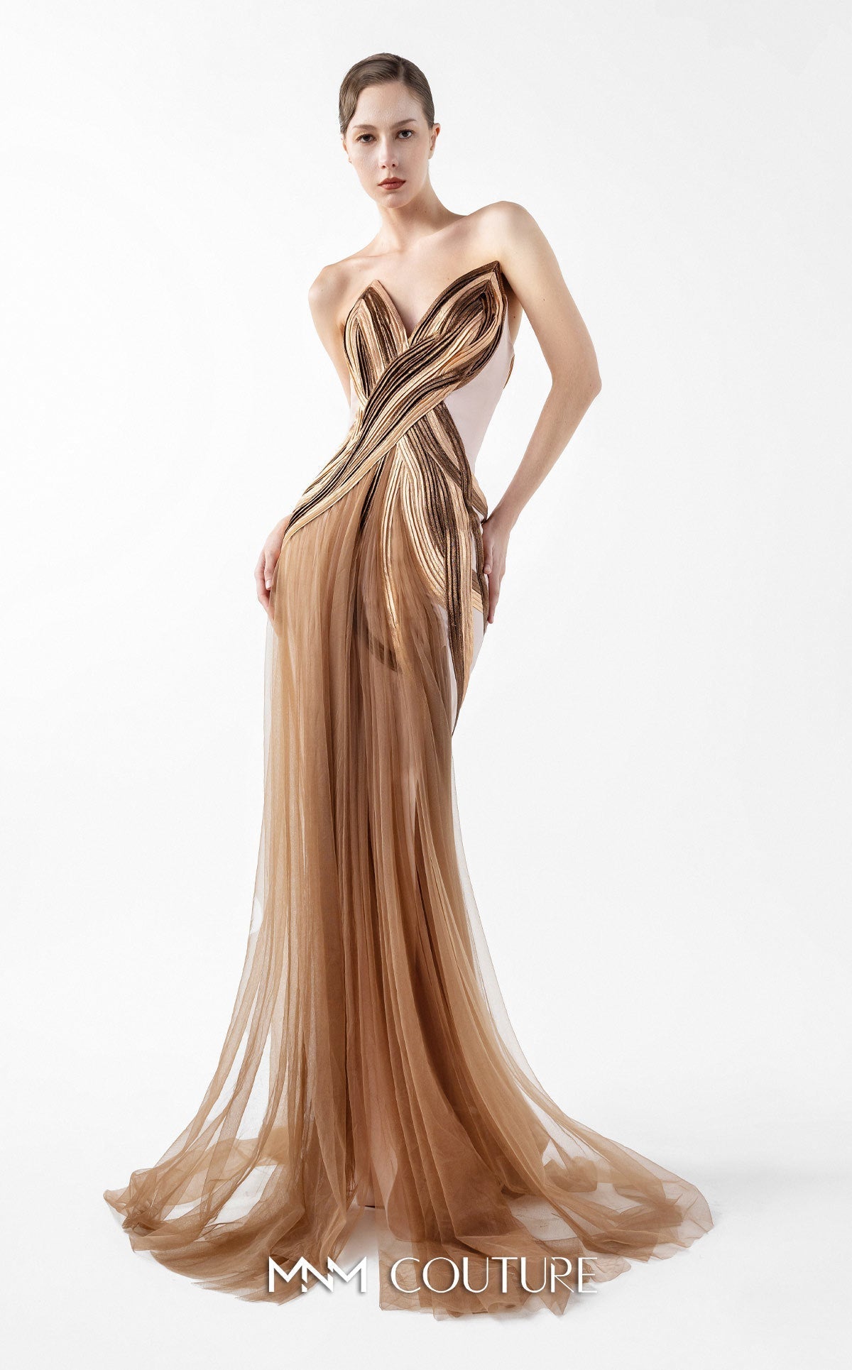 Gaby Charbachi G2038 Off-Shoulder Bronze Couture Gown by MNM Couture