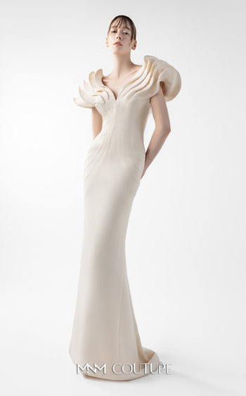 Gaby Charbachi G2039 Cream Crepe Mermaid Gown with Sculpted Sleeves by MNM Couture